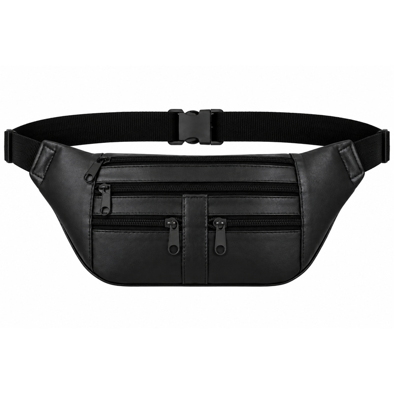 BB-05 Black Leather Bum Bag/Waist Bag W/5 Zips (New) (image for) BB-05 Black Leather Bum Bag/Waist Bag W/5 Zips (New)